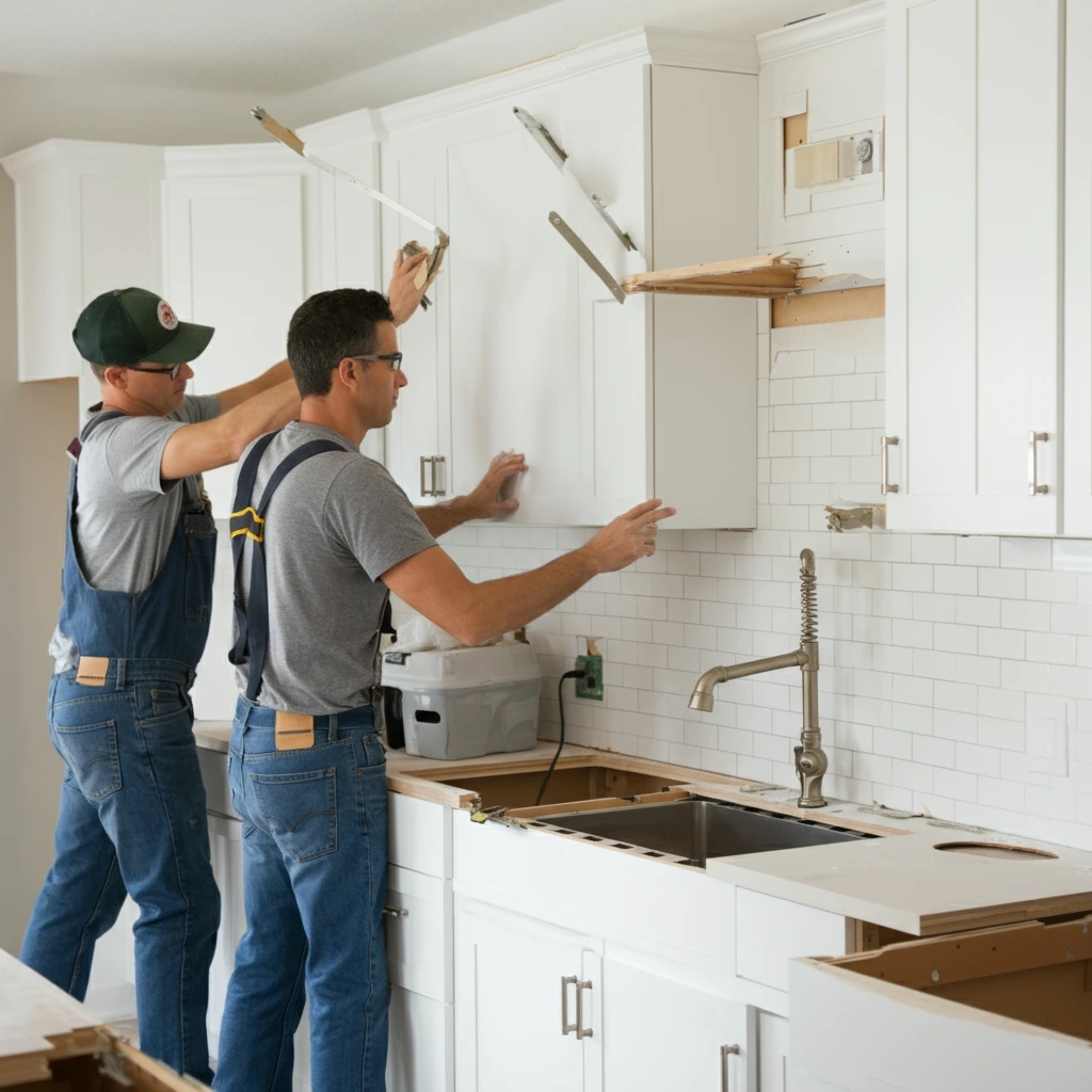 workers replacing kitchen cabinets